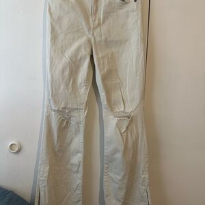 Women’s Cream Distressed Flare Jeans